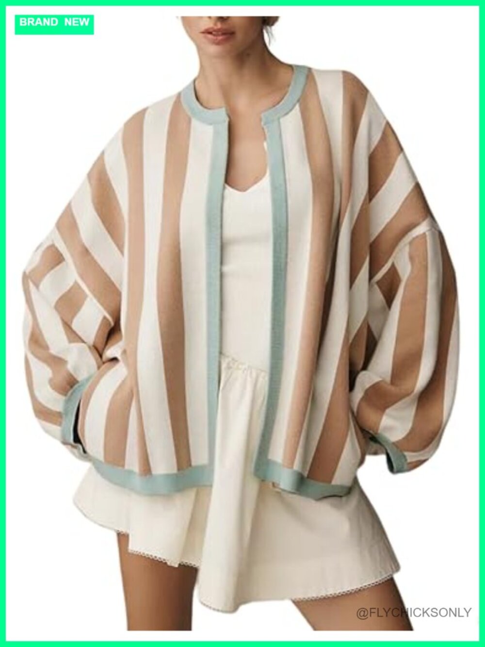 Womens Loose Fit Striped Cardigan Long Balloon Sleeve Open Front Knit Sweater